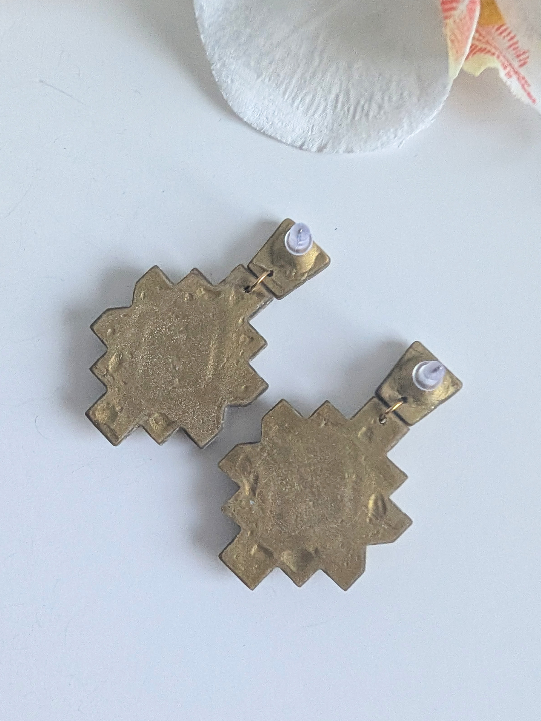 Ethnic Cross Earrings “Cozamalotl” – Polymer Clay & Stainless Steel – Silver with Amethyst Effect or Gold with Turquoise Effect