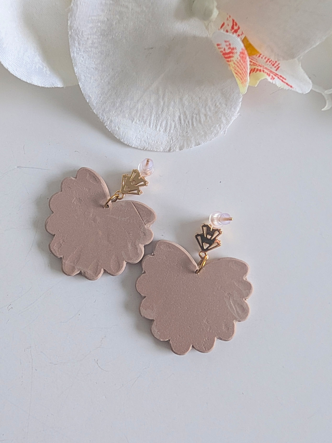 Dangle Earrings "Frida" - Handmade - Art Deco - Mexican Ethnic - Polymer Clay - Gold-plated brass studs, silver and zircon - Rosewood