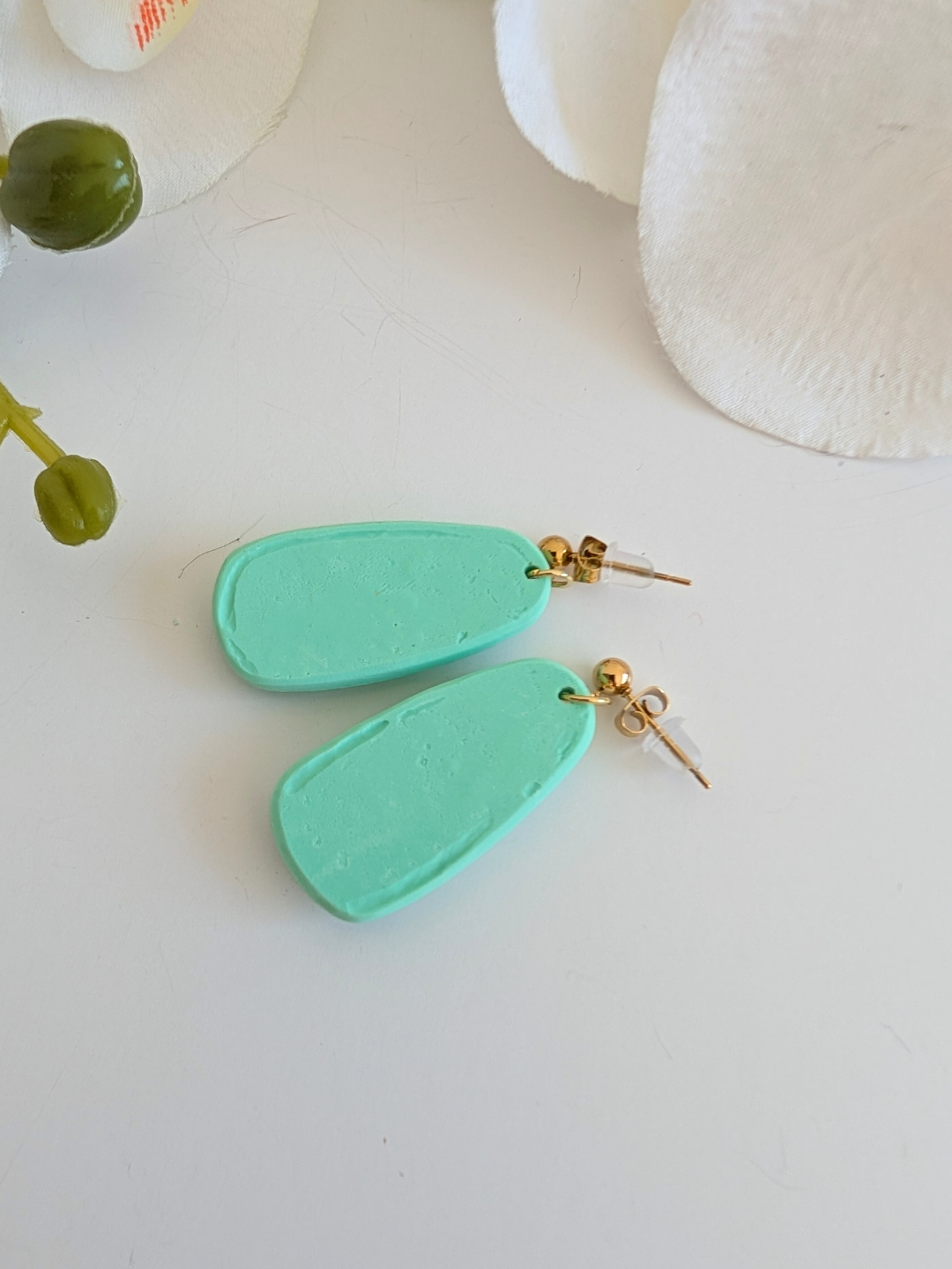 Earrings “Xochipilli” – Polymer Clay & Stainless Steel – Green – 2 Models Available – Drops or Long Dangles