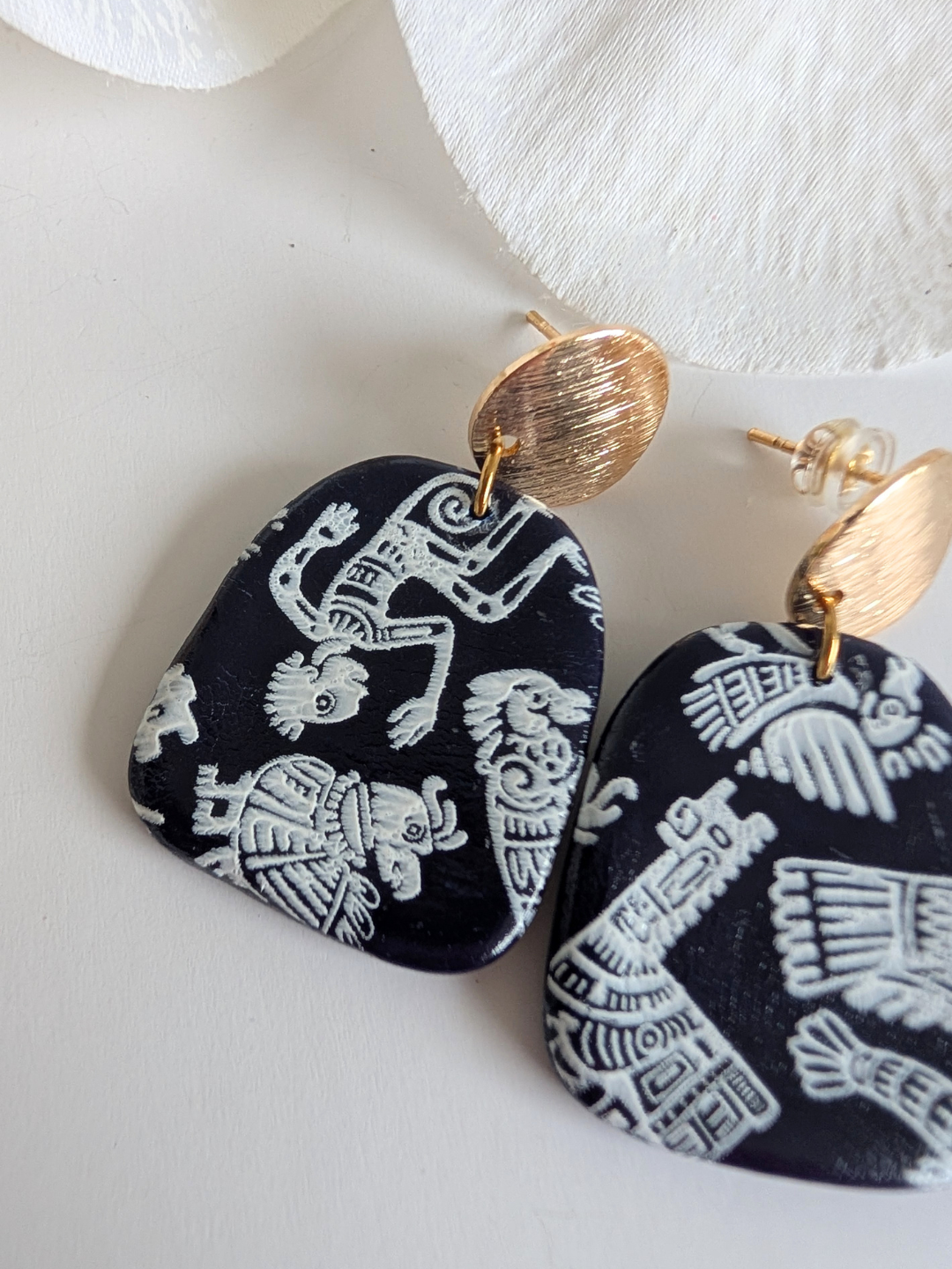 Polymer Clay Earrings | Blueberry Blue & Pre-Columbian Motifs | 18K Gold-Plated Studs | Lightweight Handmade Jewelry | Gift for Her