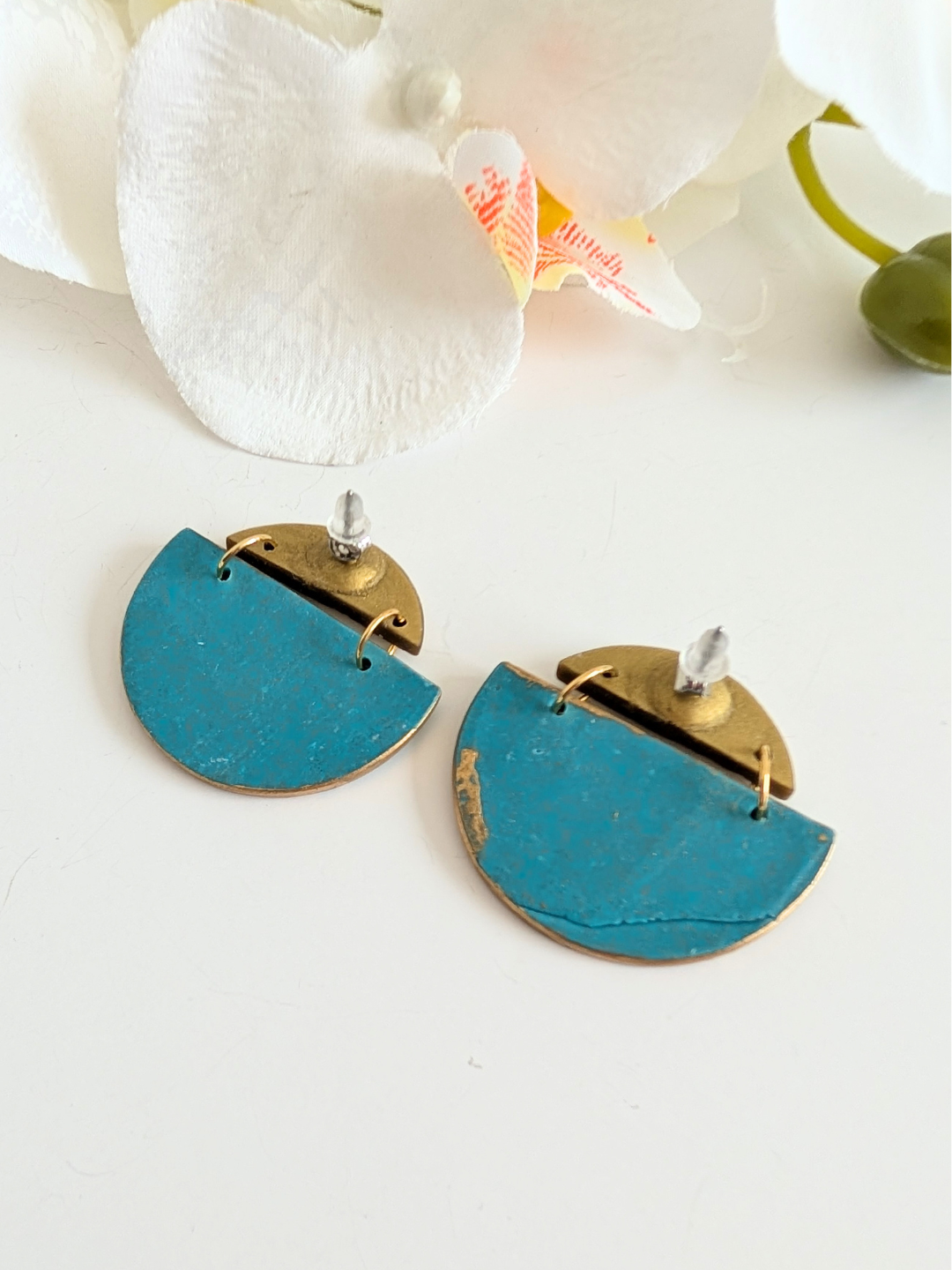 Ethnic Earrings 'Nayeli - Teal & Gold - Tribal Chic Polymer Clay Statement Earrings - Handmade