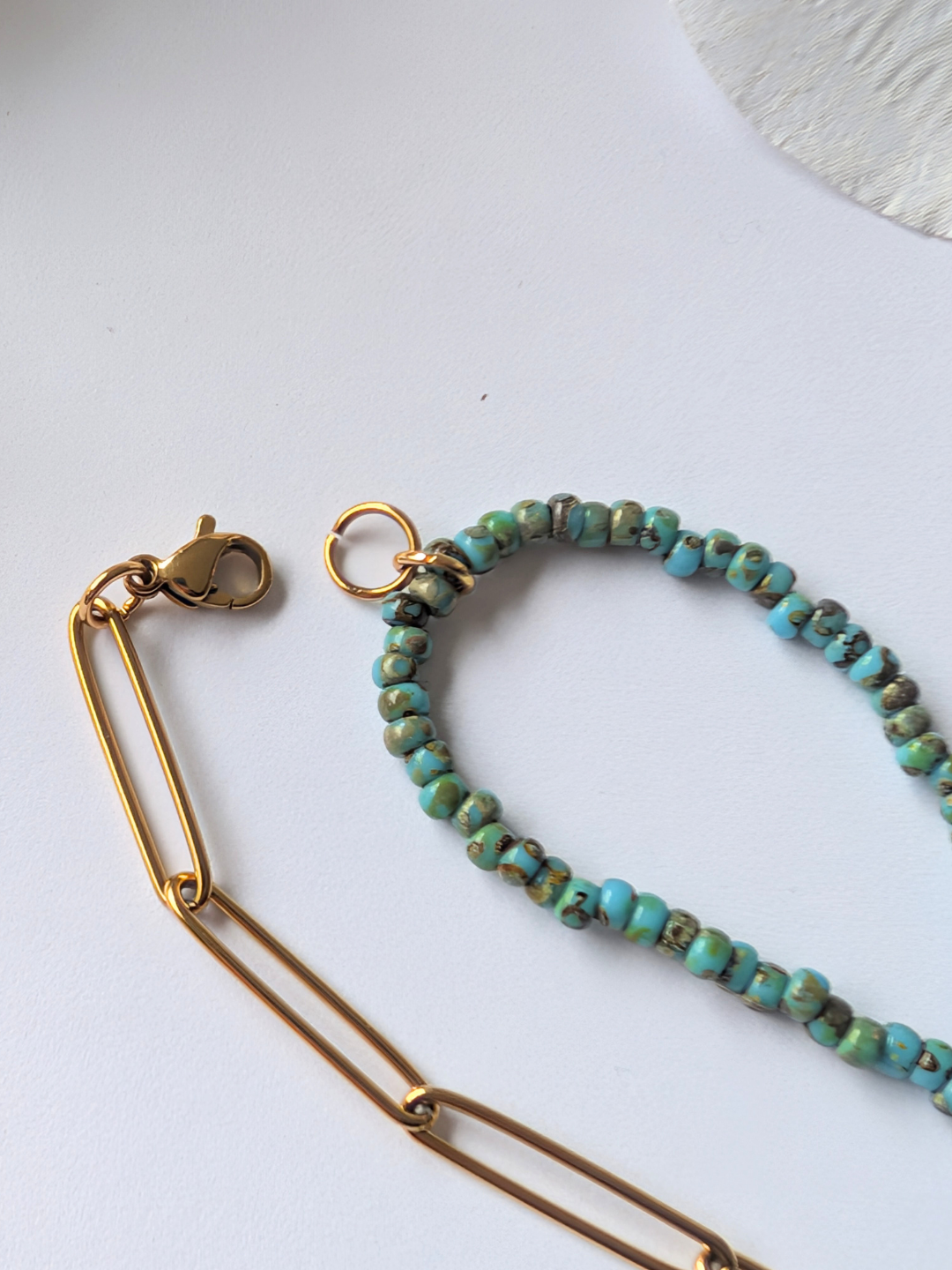 Handmade Half-Chain Bracelet – Turquoise Miyuki Beads & Textured Sun Charm – Gold Stainless Steel - 19 cm long