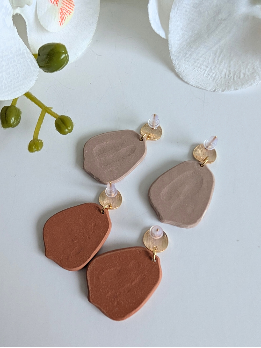 'Ameyal' Handmade Aztec Pattern Earrings – Polymer Clay & Surgical Steel – 18K Gold Plated – Terracotta or Rosewood - Approximately 4.7 cm high