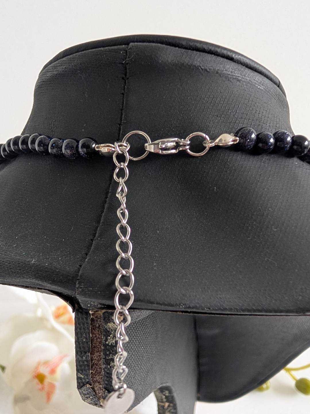 Necklace "Izhuatl" | 4 mm Blue Goldstone beads with Leaf Zircon Pendant | Elegant Choker Necklace | Hypoallergenic Jewelry for Women