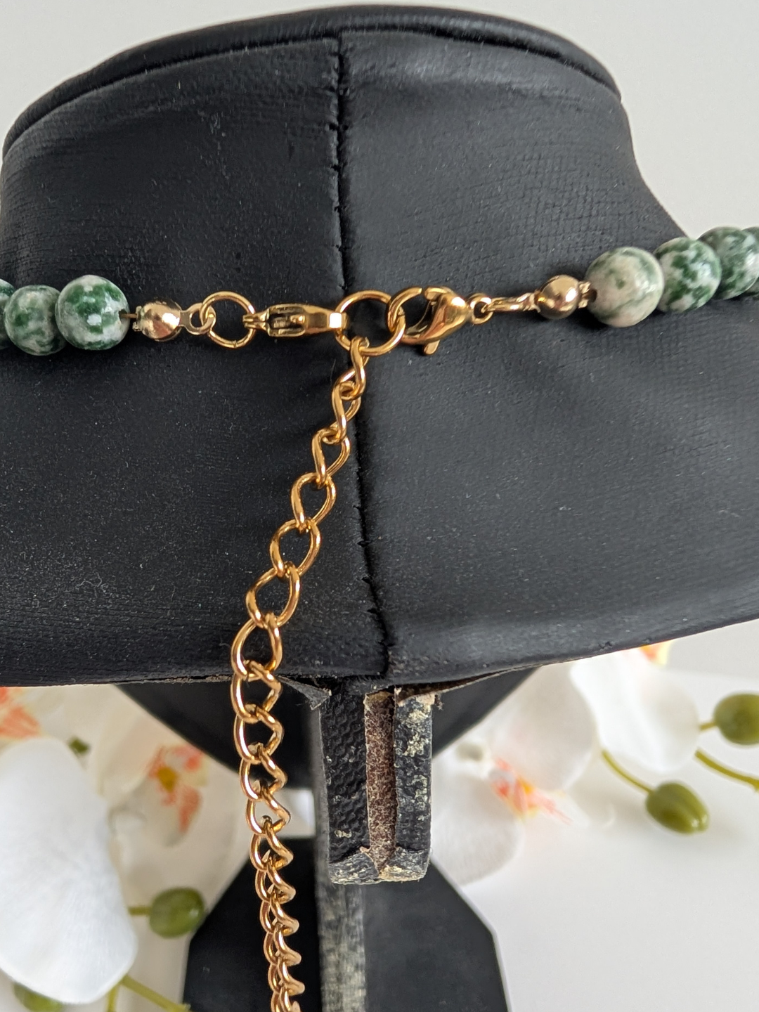 Necklace "Inti" | 6 mm Green Spotted Jasper Necklace with Brass Sun Pendant | Nature-Inspired Boho Jewelry | Elegant Women's Necklace