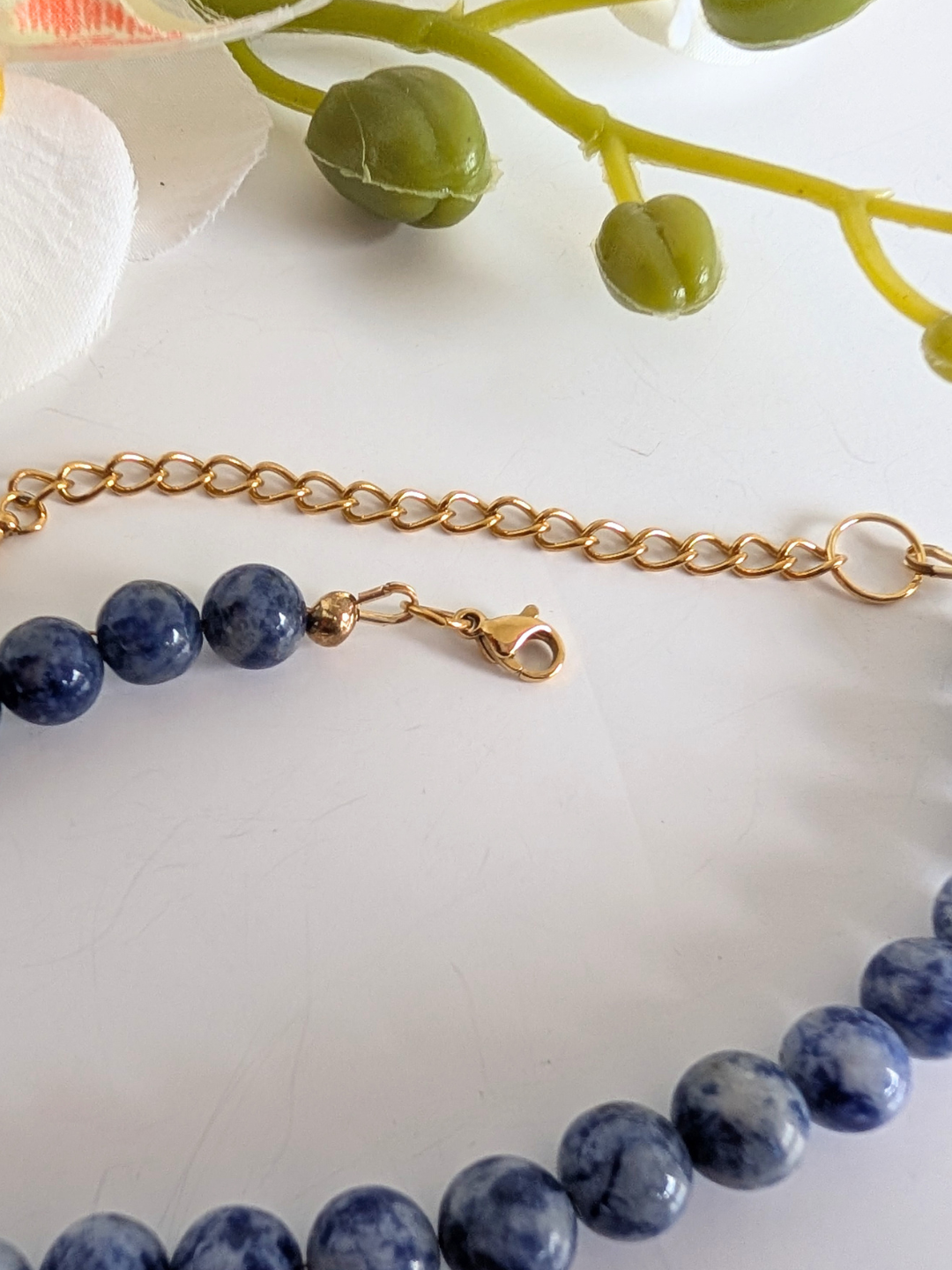 Sodalite Necklace with Ammonite Pendant – Handmade Polymer Clay Boho Mineral Necklace - 35 cm long