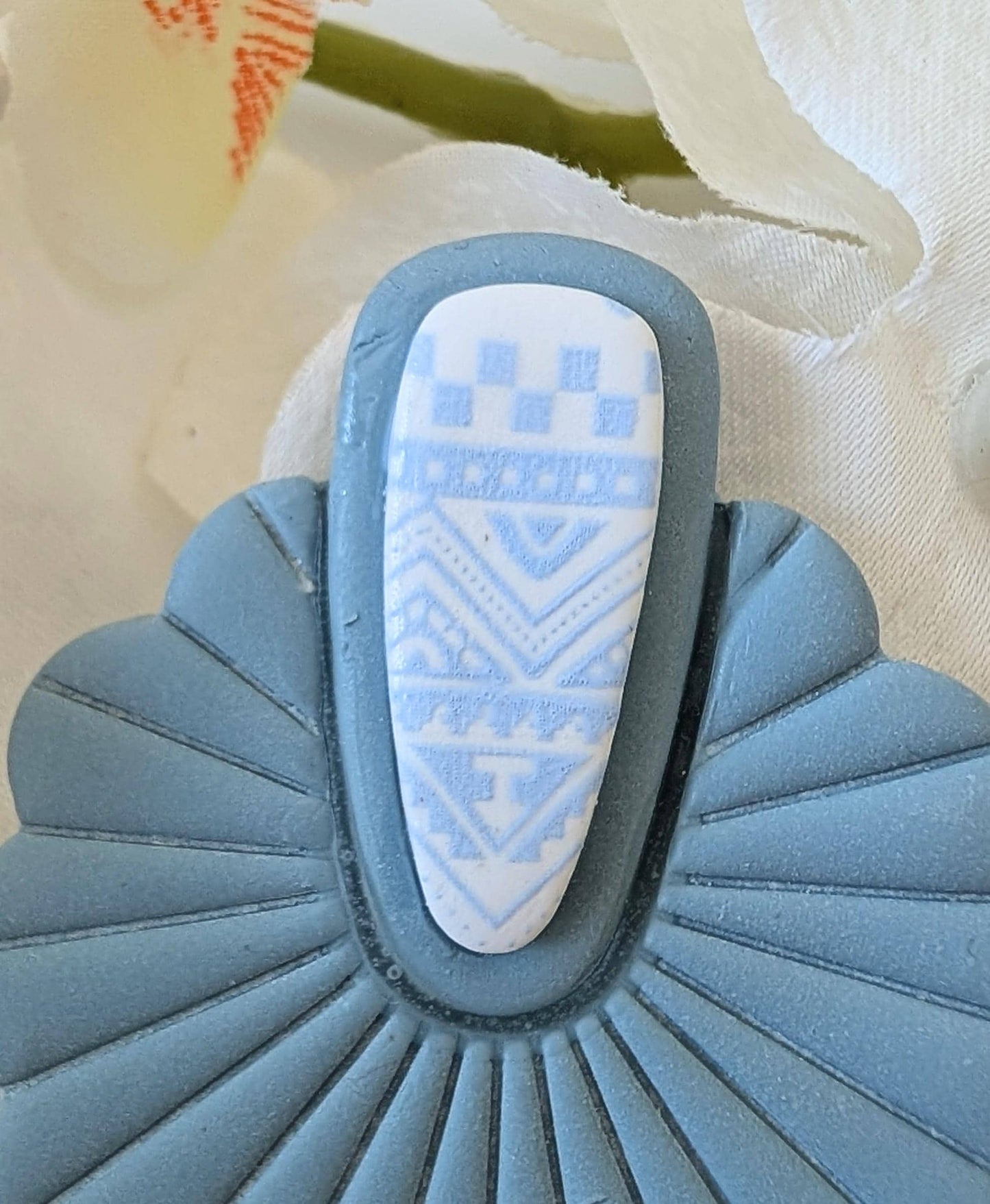 Art Deco Brooch with fan shape - Handmade from baby blue polymer clay - Artisan brooch - Aztec pattern - Pre-Columbian style