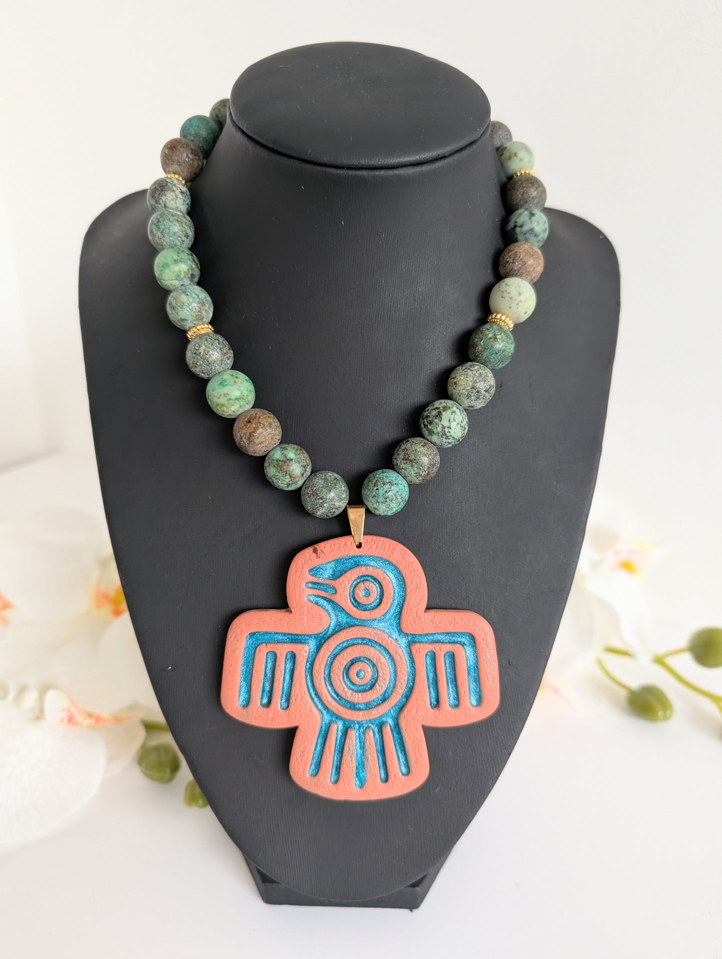 Statement necklace with Precolumbian style - Aztec bird pendant - Matte Africain turquoise beads and polymer clay - Approximately 37 cm long