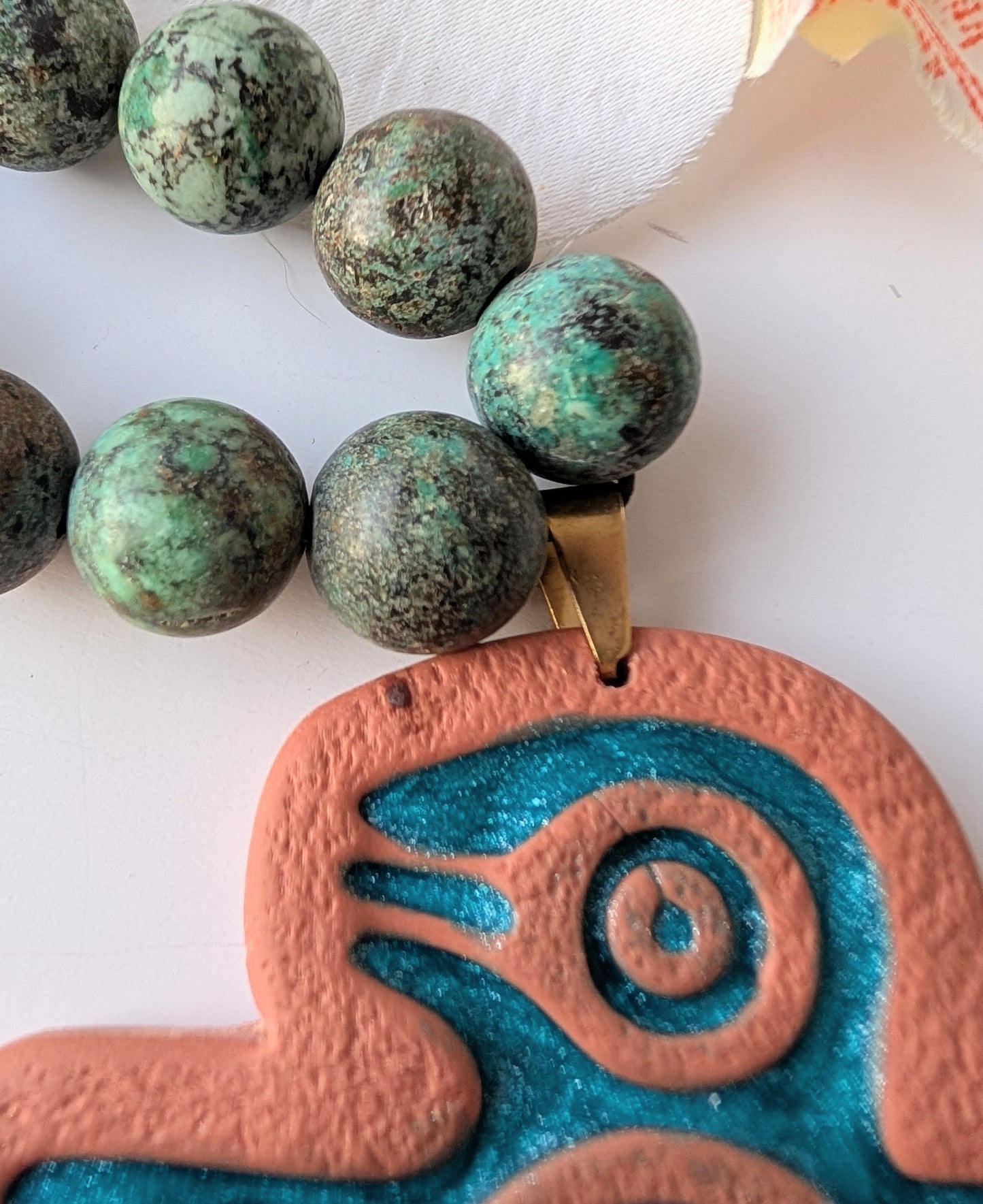 Statement necklace with Precolumbian style - Aztec bird pendant - Matte Africain turquoise beads and polymer clay - Approximately 37 cm long