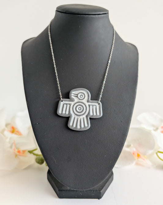 Ethnic necklace with Aztec style bird pendant - Polymer clay & 316L stainless steel - Anthracite and white - Approximately 42 cm length