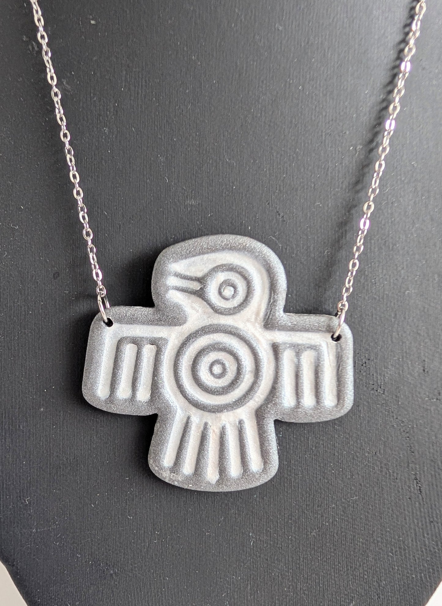Ethnic necklace with Aztec style bird pendant - Polymer clay & 316L stainless steel - Anthracite and white - Approximately 42 cm length