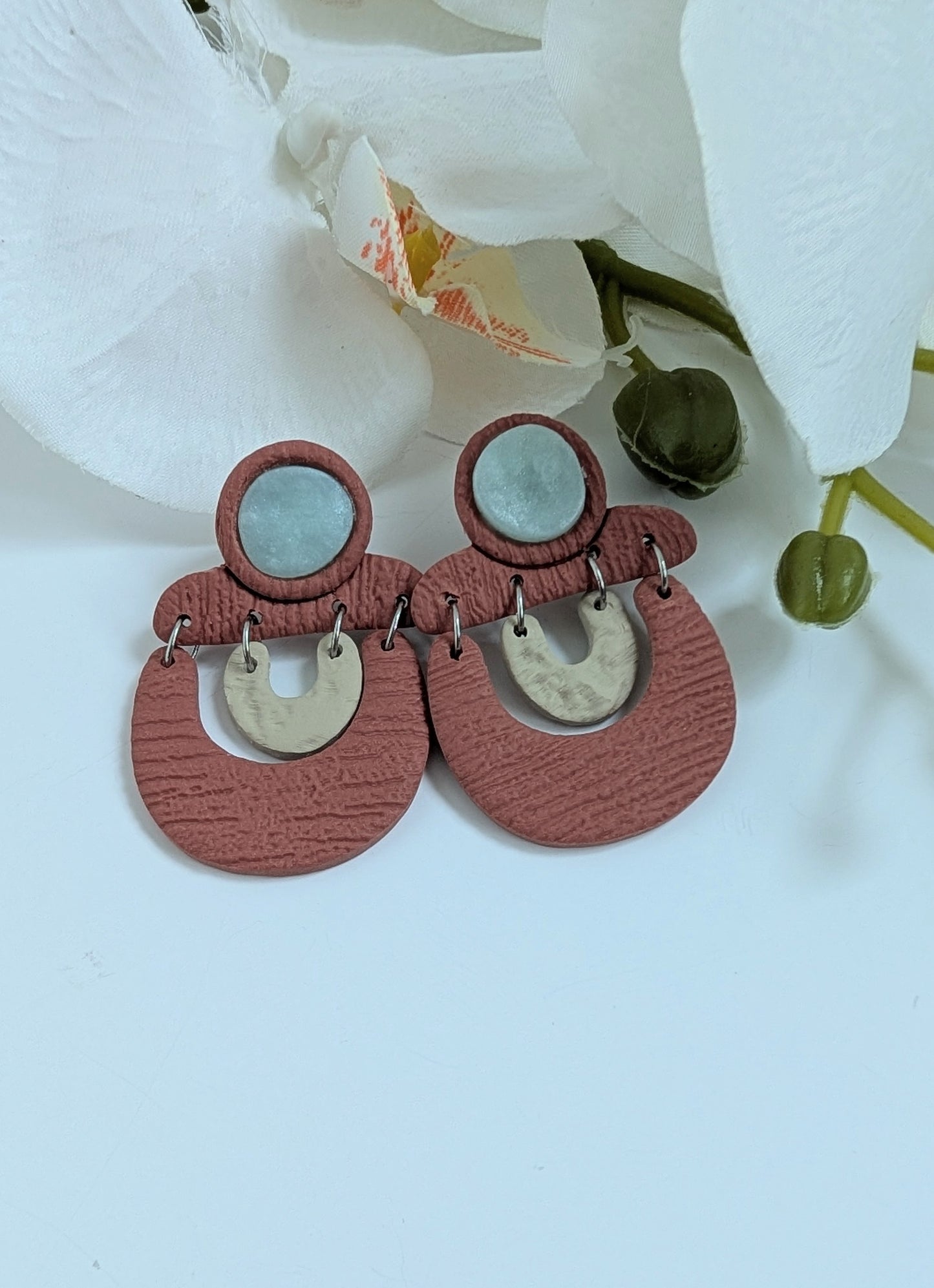 Tribal earrings "Ai'la" - Polymer clay & Stainless steel - Terracotta, sand and frosted blue colours - Approximately 5 cm high