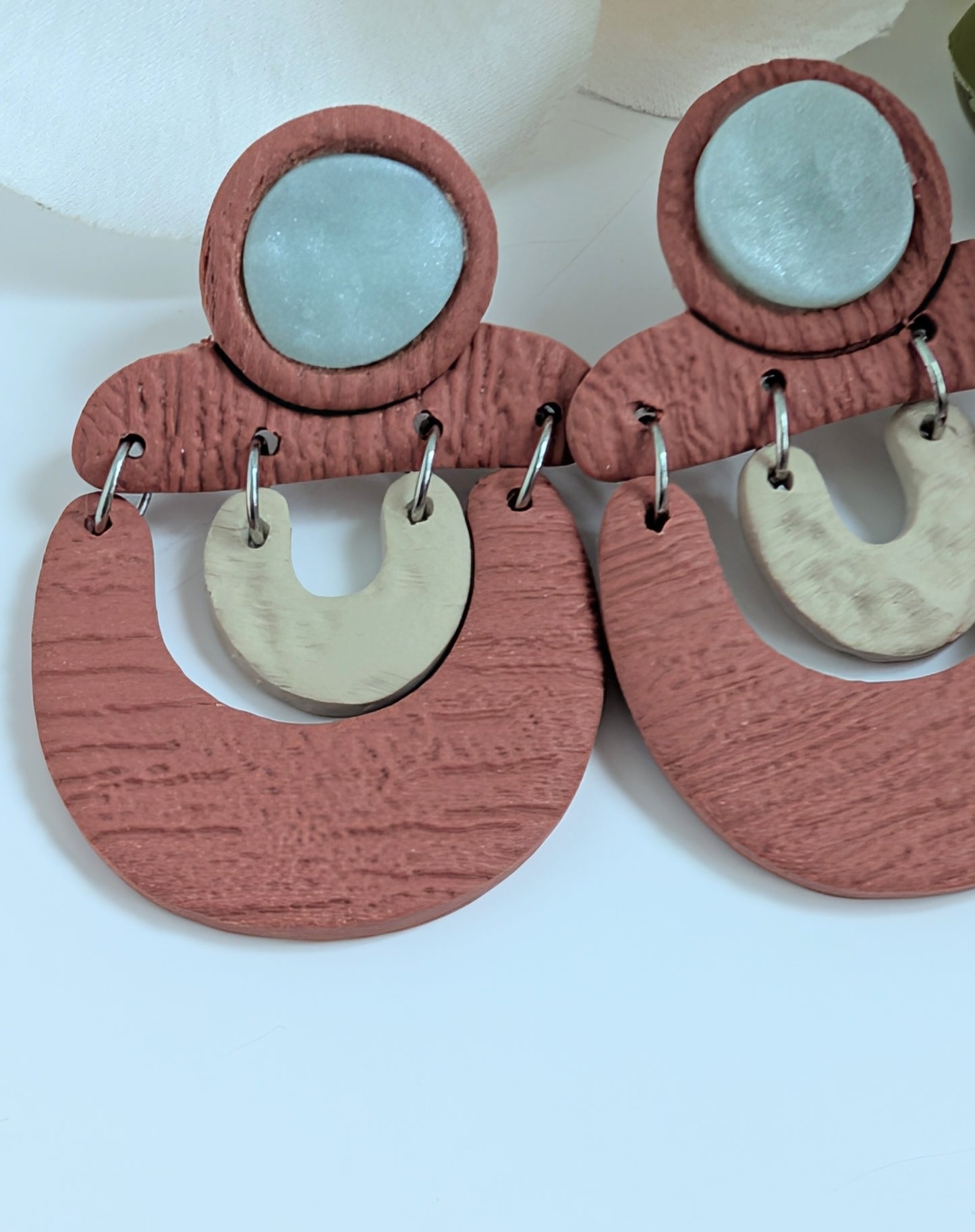 Tribal earrings "Ai'la" - Polymer clay & Stainless steel - Terracotta, sand and frosted blue colours - Approximately 5 cm high
