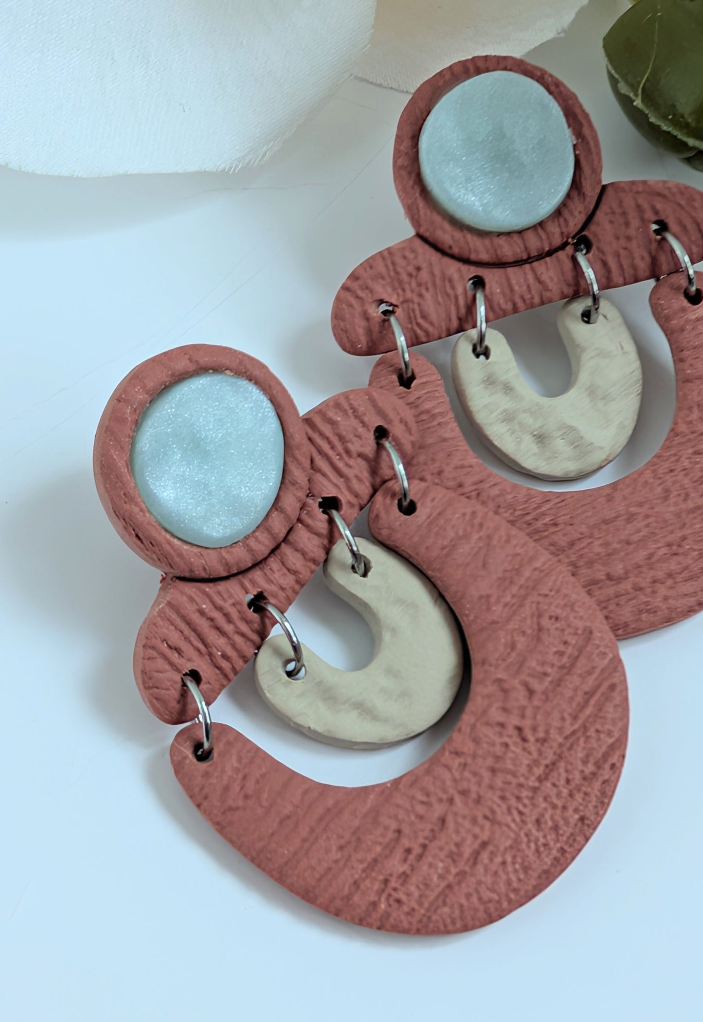 Tribal earrings "Ai'la" - Polymer clay & Stainless steel - Terracotta, sand and frosted blue colours - Approximately 5 cm high