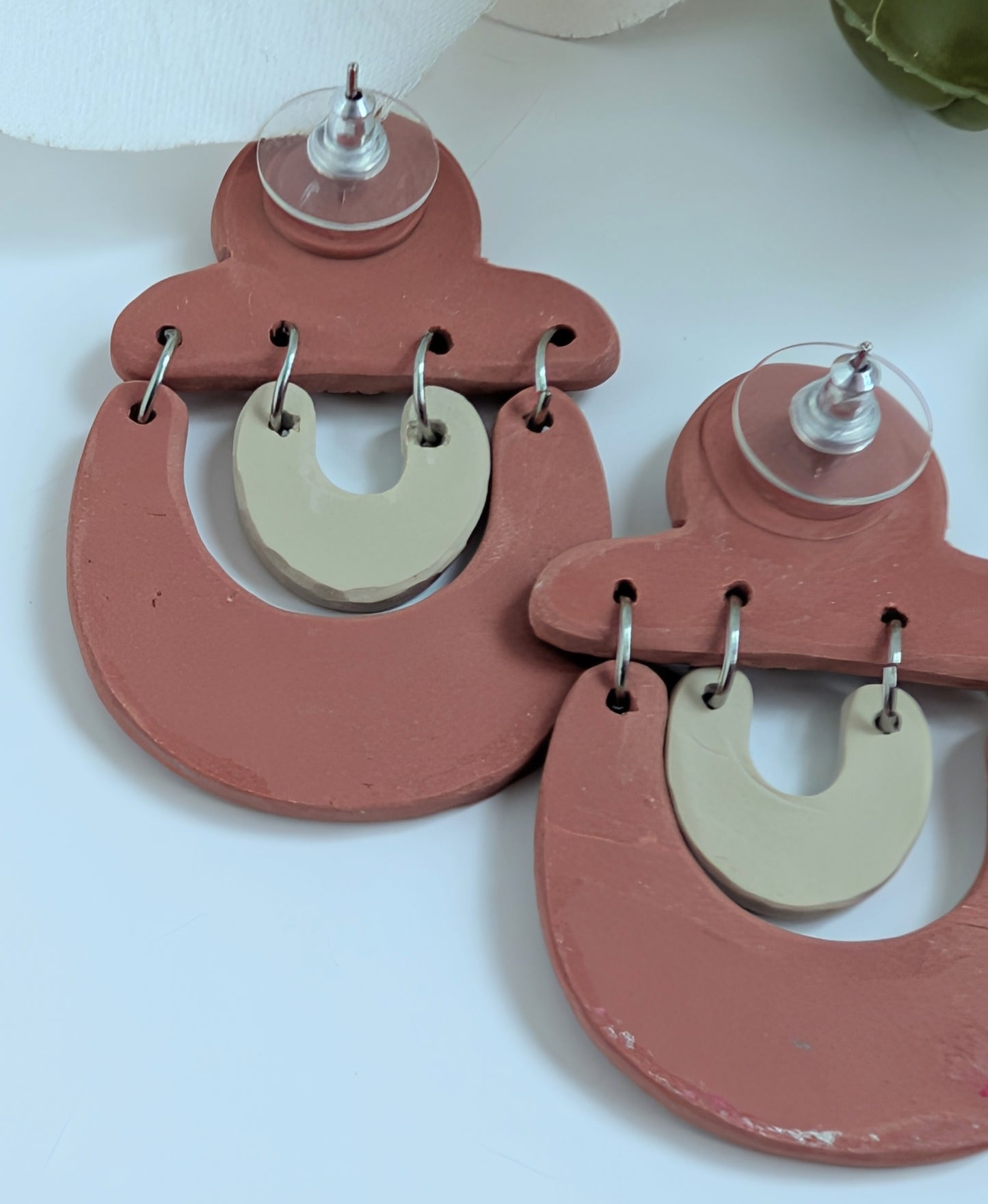 Tribal earrings "Ai'la" - Polymer clay & Stainless steel - Terracotta, sand and frosted blue colours - Approximately 5 cm high