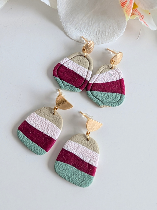 Earrings "Killa"  – Polymer Clay – Pre-Columbian Bohemian Jewelry in Pink, Green & Sand – Gold-Plated Brass and Steel – Petal or Arch