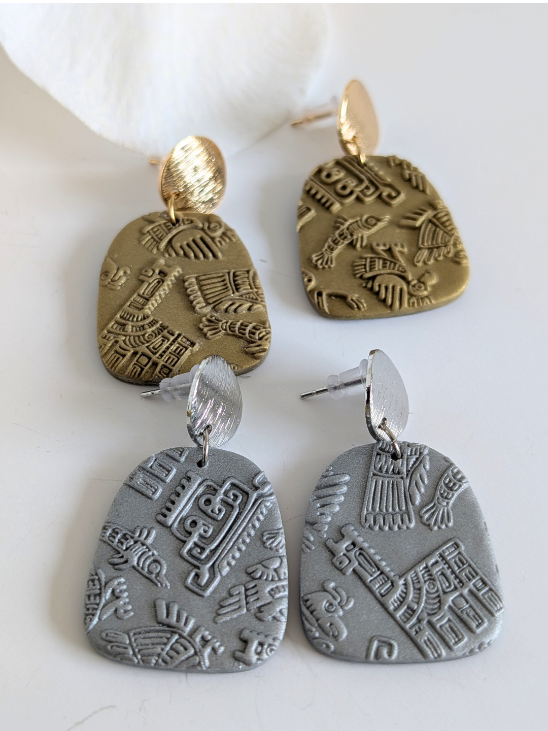 Pre-Columbian Relief Polymer Clay Earrings | Gold or Silver Boho Statement Earrings | Hypoallergenic