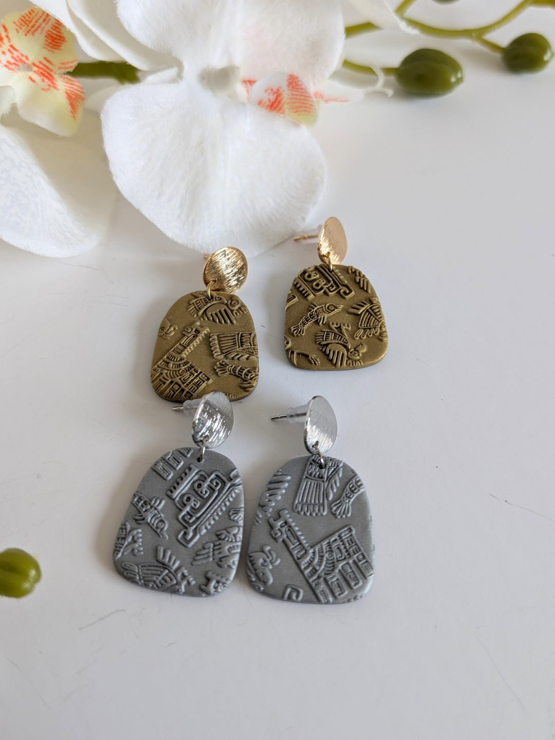 Pre-Columbian Relief Polymer Clay Earrings | Gold or Silver Boho Statement Earrings | Hypoallergenic