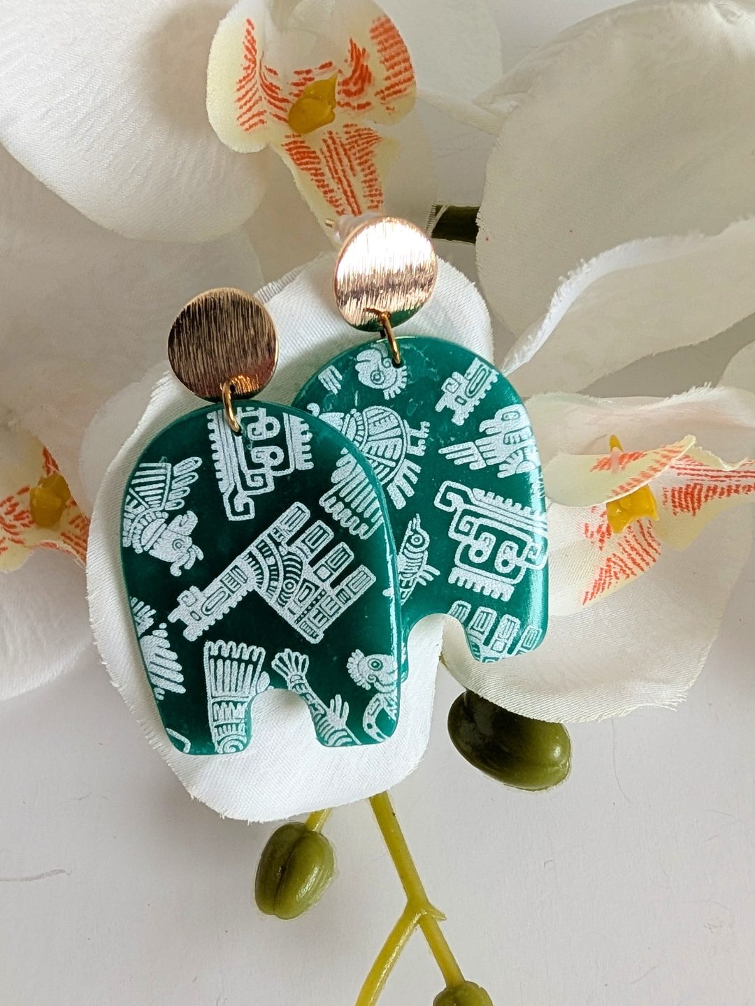 Pre-Columbian Inspired Earrings – Polymer Clay, Gold-Plated Brass & Surgical Steel – Motifs Inspired by Andean Civilizations - 5.2 cm long