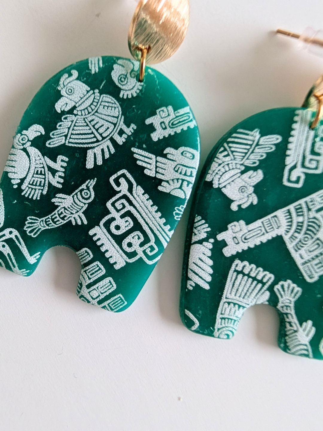 Pre-Columbian Inspired Earrings – Polymer Clay, Gold-Plated Brass & Surgical Steel – Motifs Inspired by Andean Civilizations - 5.2 cm long
