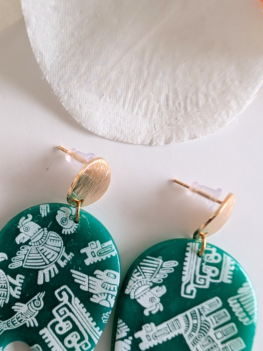 Pre-Columbian Inspired Earrings – Polymer Clay, Gold-Plated Brass & Surgical Steel – Motifs Inspired by Andean Civilizations - 5.2 cm long