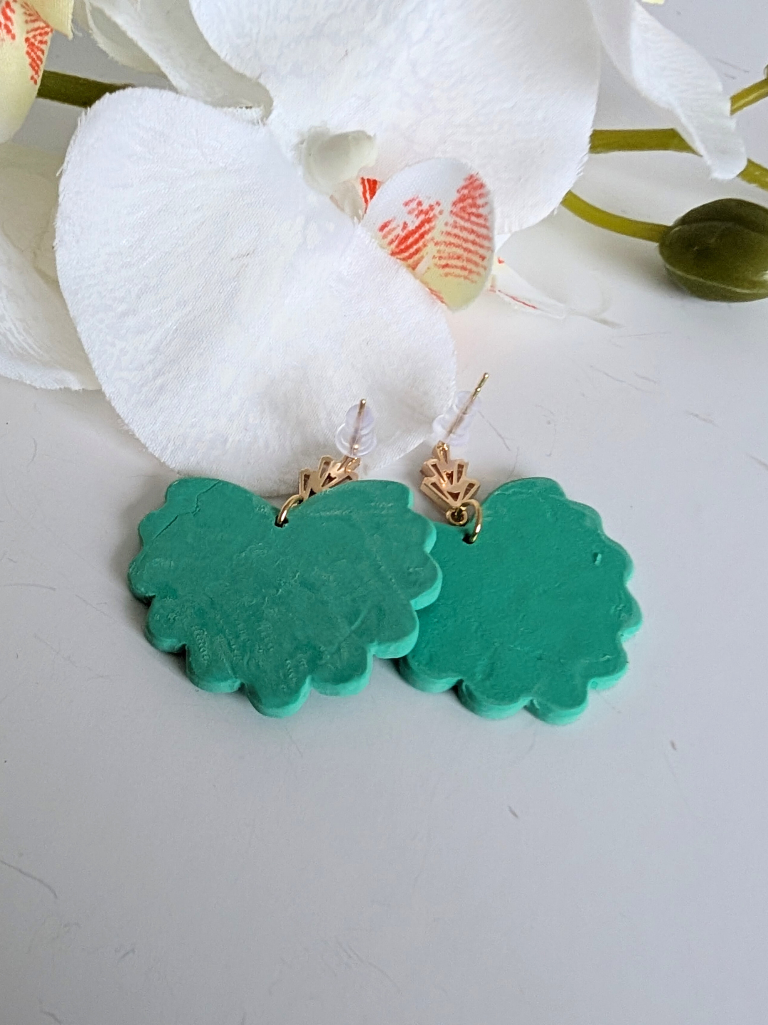Dangle Earrings "Frida" - Handmade - Art Deco - Mexican Ethnic - Polymer Clay - Gold-plated brass studs, silver and zircon - Juniper Green