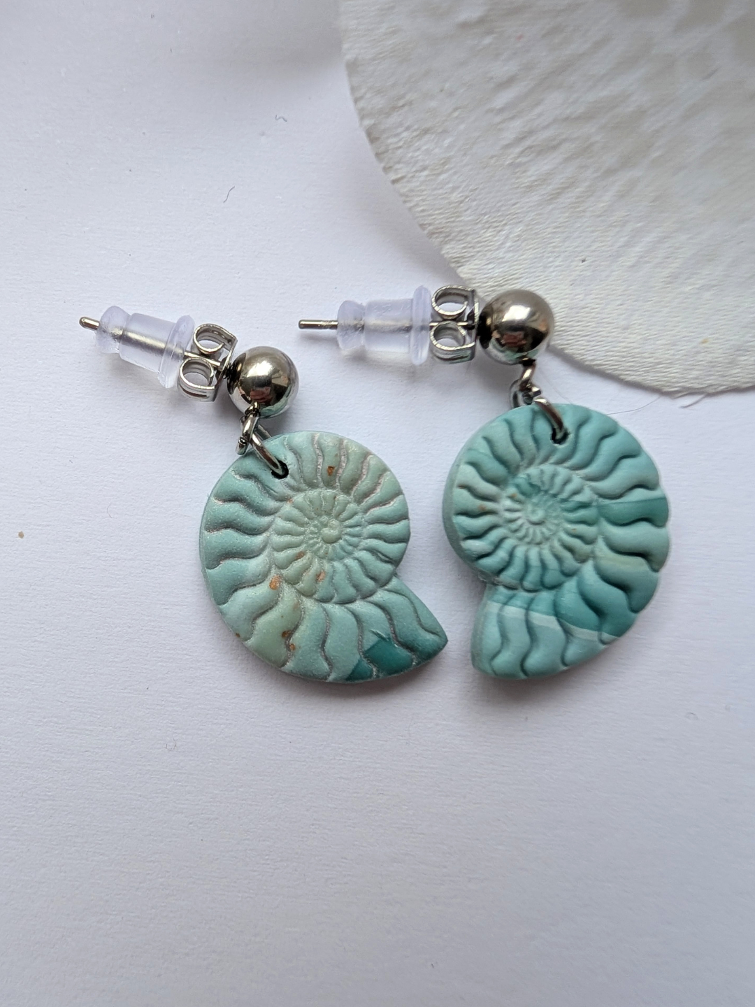 “Tecciztli” Blue Ammonite Earrings | Marbled Effect | Polymer Clay | Minimalist Ocean-Inspired Style | Stainless Steel