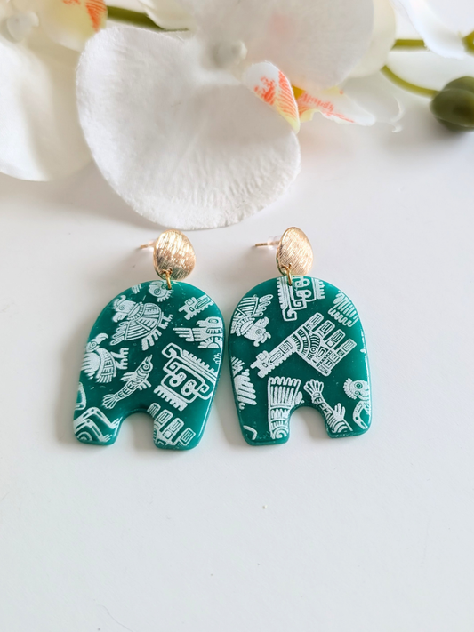 Pre-Columbian Inspired Earrings – Polymer Clay, Gold-Plated Brass & Surgical Steel – Motifs Inspired by Andean Civilizations - 5.2 cm long