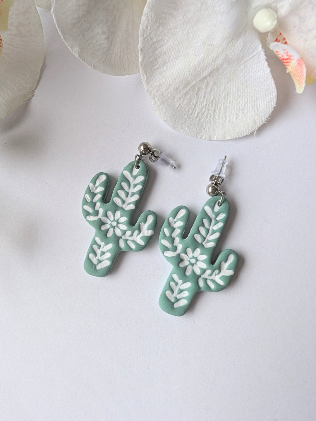 Cactus Dangle Earrings "Talavera" – Polymer Clay, Brass & Surgical Steel –Gold plated -  Celadon green or forrest green