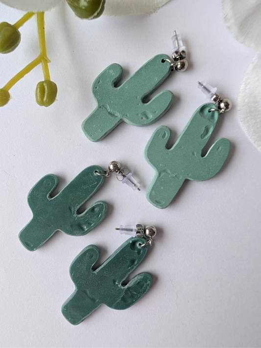 Cactus Dangle Earrings "Talavera" – Polymer Clay, Brass & Surgical Steel –Gold plated -  Celadon green or forrest green