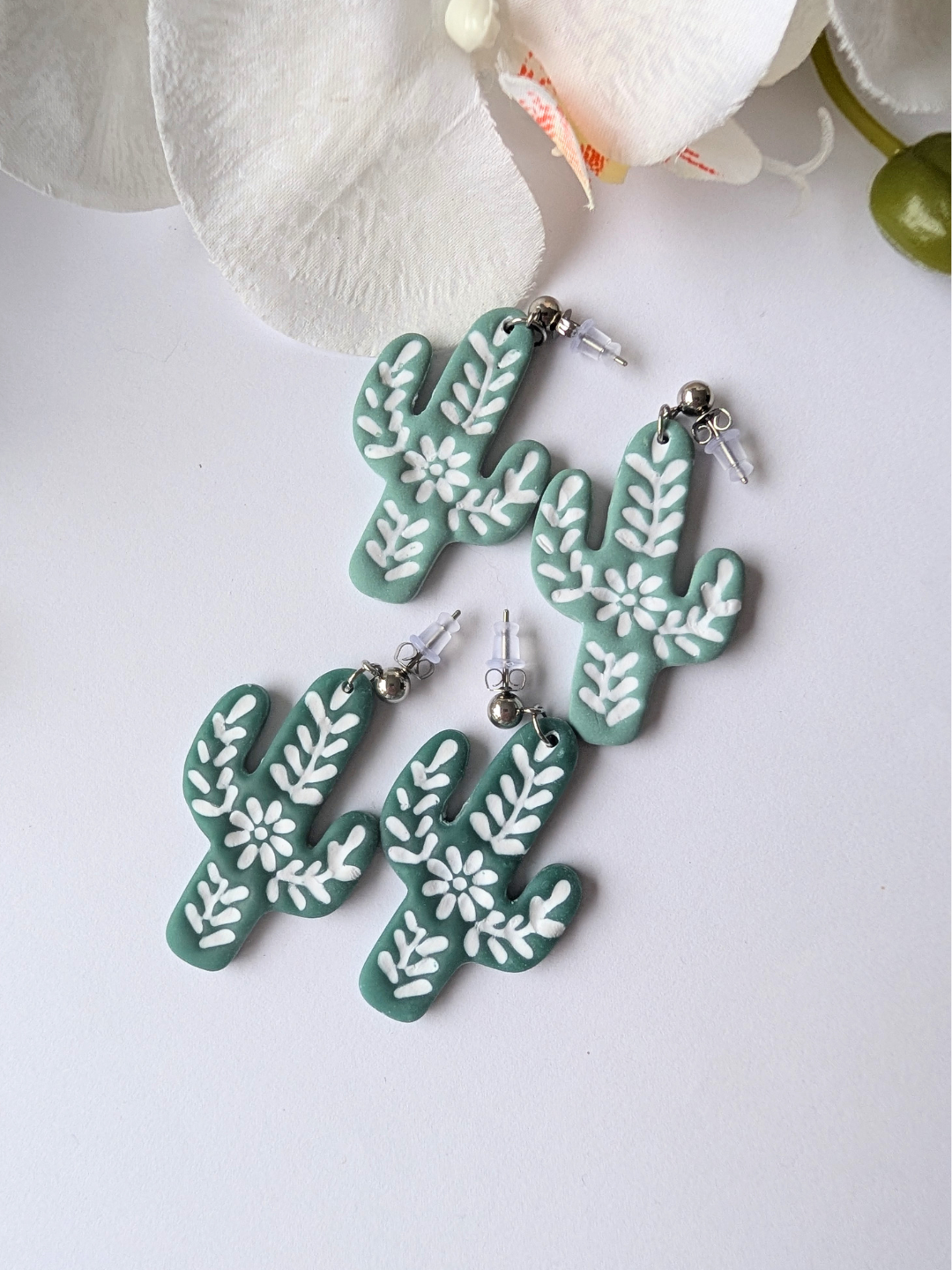 Cactus Dangle Earrings "Talavera" – Polymer Clay, Brass & Surgical Steel –Gold plated -  Celadon green or forrest green