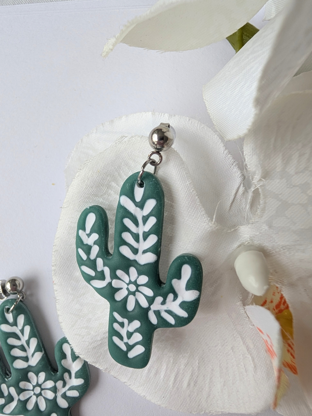 Cactus Dangle Earrings "Talavera" – Polymer Clay, Brass & Surgical Steel –Gold plated -  Celadon green or forrest green