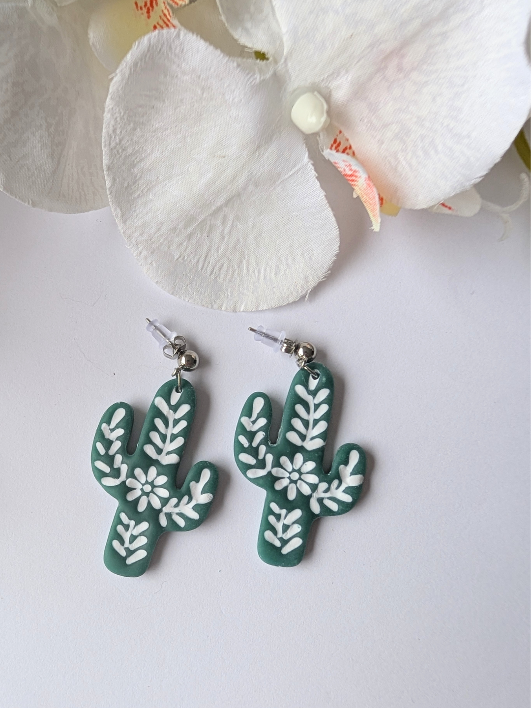 Cactus Dangle Earrings "Talavera" – Polymer Clay, Brass & Surgical Steel –Gold plated -  Celadon green or forrest green