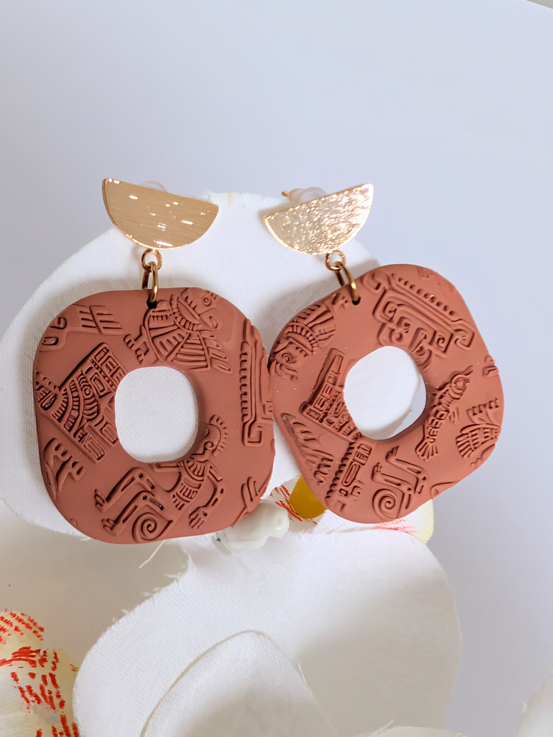 Pre-Columbian Inspired Earrings "Itotia" – Terracotta Polymer Clay – Ethnic Jewelry – Mayan & Aztec Motifs – Handmade