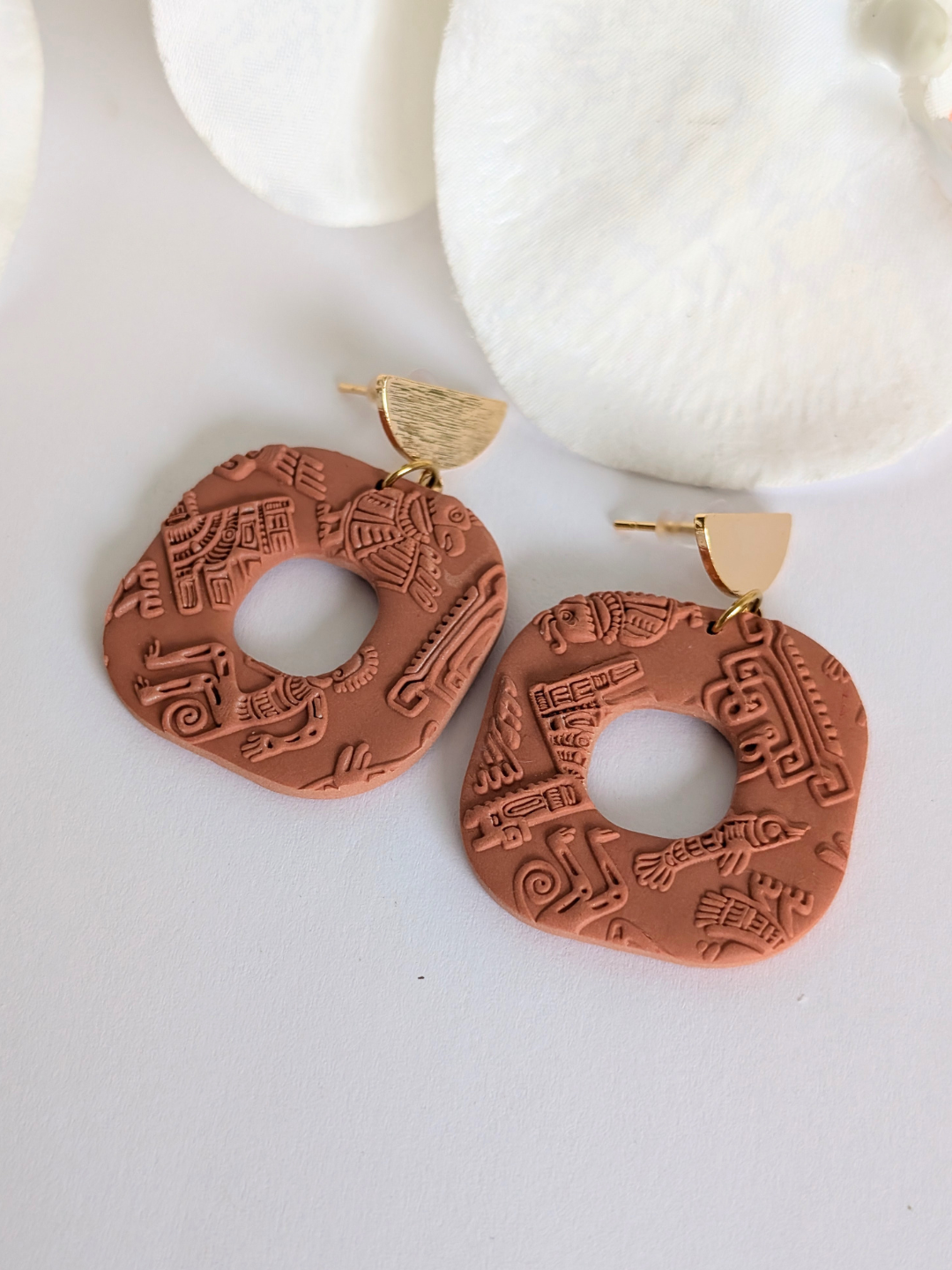 Pre-Columbian Inspired Earrings "Itotia" – Terracotta Polymer Clay – Ethnic Jewelry – Mayan & Aztec Motifs – Handmade