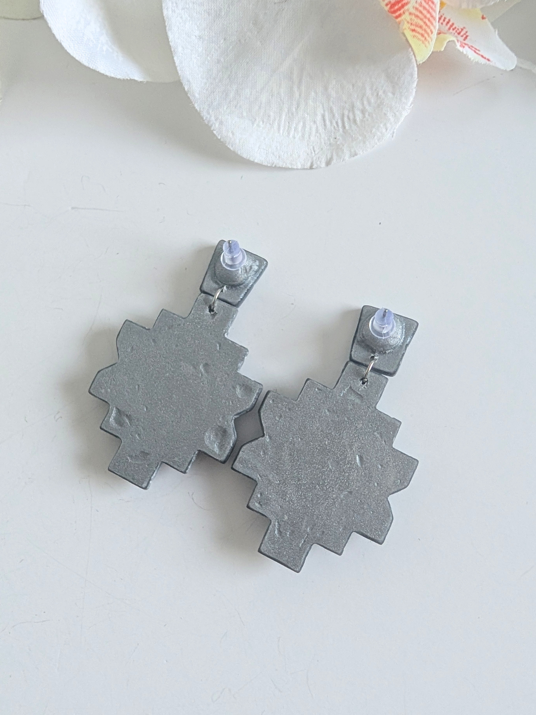Ethnic Cross Earrings “Cozamalotl” – Polymer Clay & Stainless Steel – Silver with Amethyst Effect or Gold with Turquoise Effect