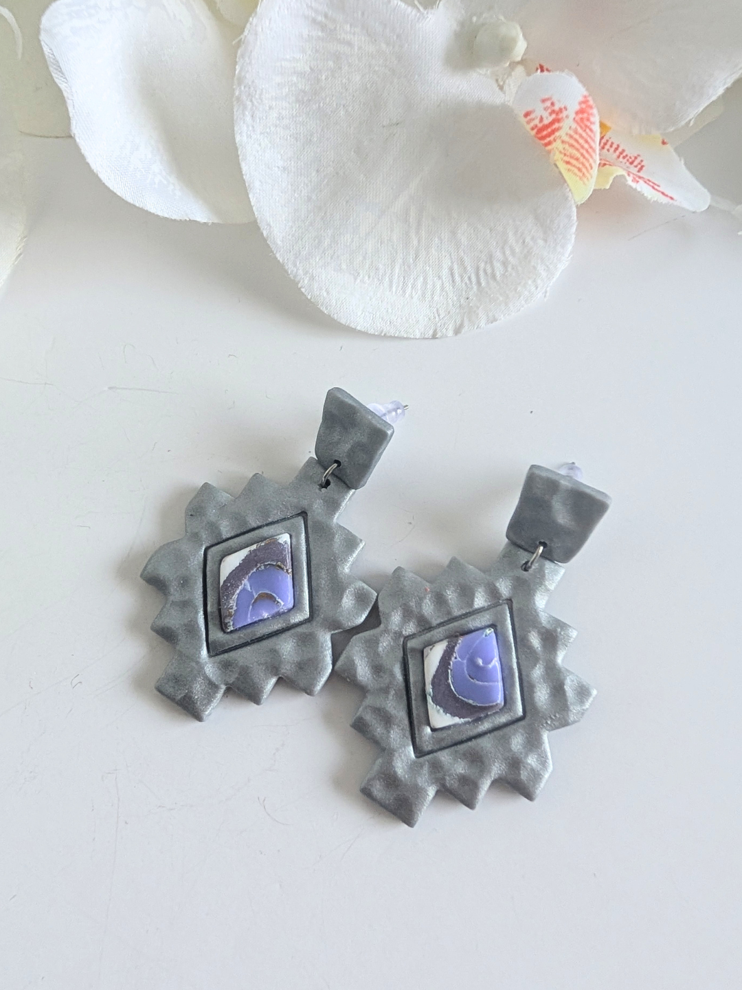 Ethnic Cross Earrings “Cozamalotl” – Polymer Clay & Stainless Steel – Silver with Amethyst Effect or Gold with Turquoise Effect