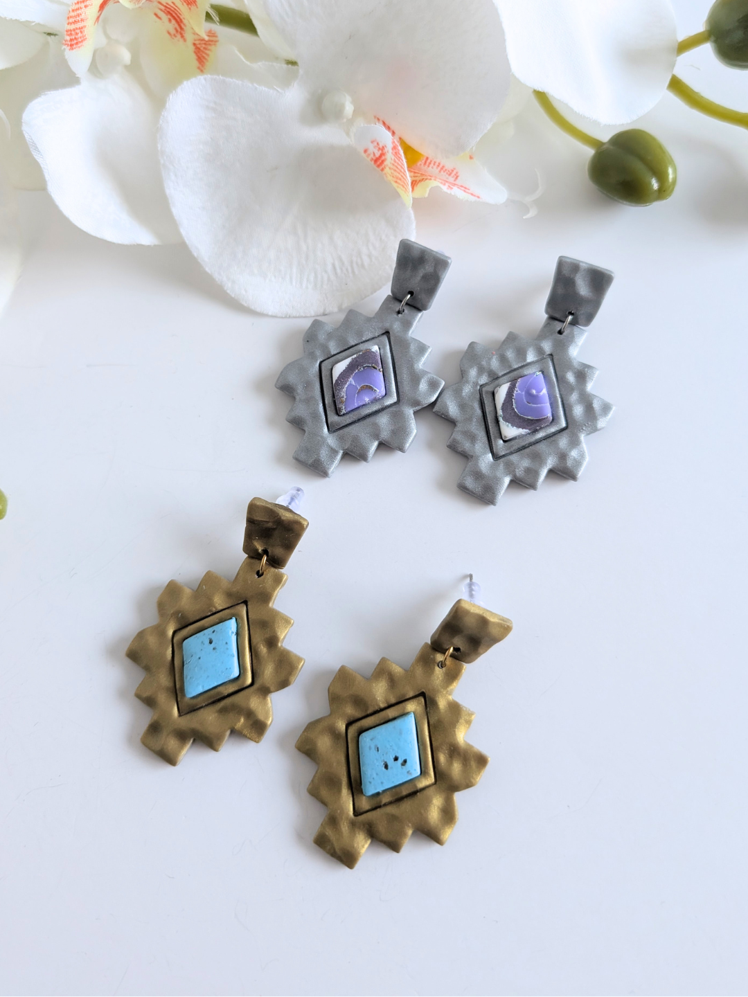 Ethnic Cross Earrings “Cozamalotl” – Polymer Clay & Stainless Steel – Silver with Amethyst Effect or Gold with Turquoise Effect
