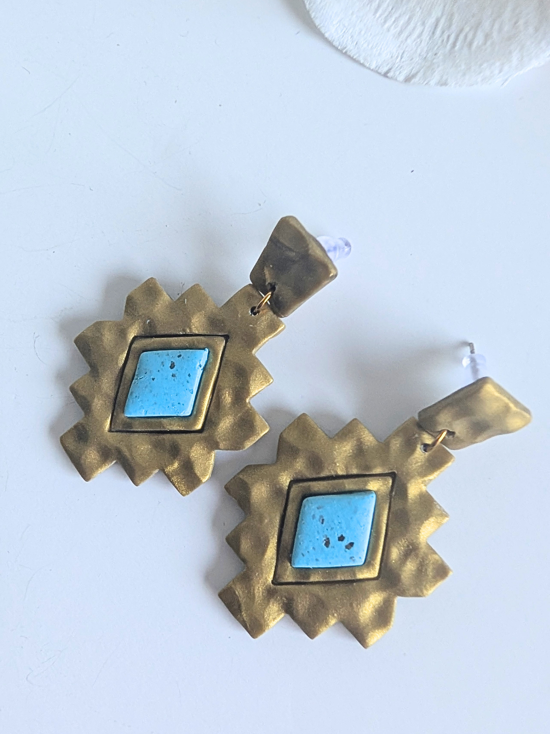 Ethnic Cross Earrings “Cozamalotl” – Polymer Clay & Stainless Steel – Silver with Amethyst Effect or Gold with Turquoise Effect