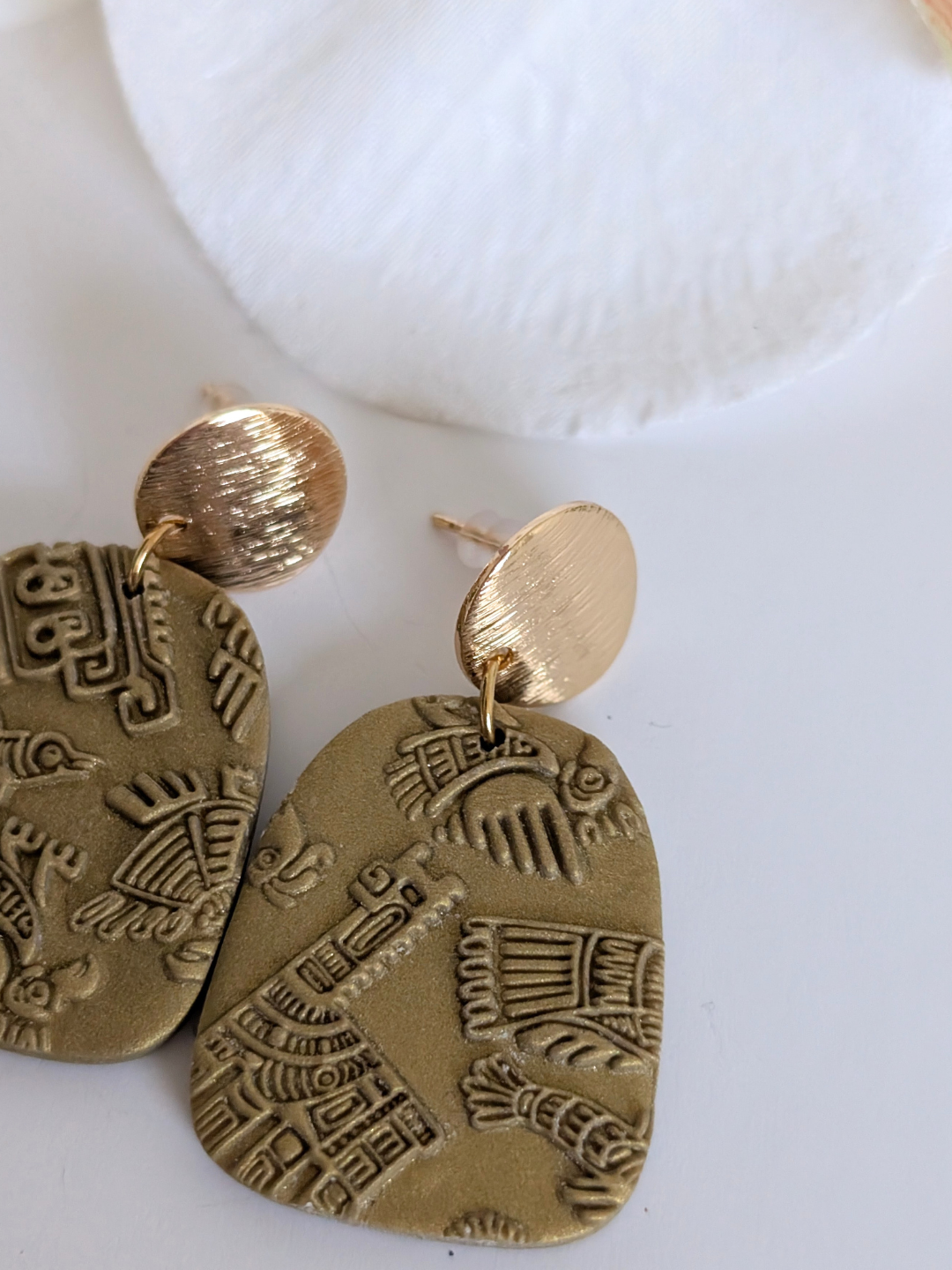 Pre-Columbian Relief Polymer Clay Earrings | Gold or Silver Boho Statement Earrings | Hypoallergenic