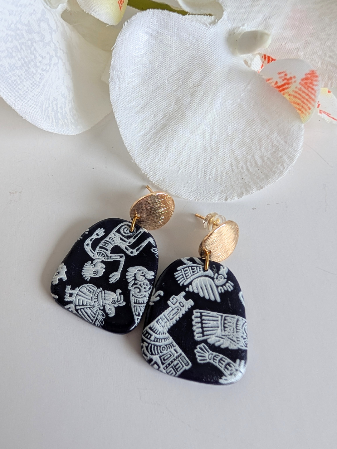 Polymer Clay Earrings | Blueberry Blue & Pre-Columbian Motifs | 18K Gold-Plated Studs | Lightweight Handmade Jewelry | Gift for Her