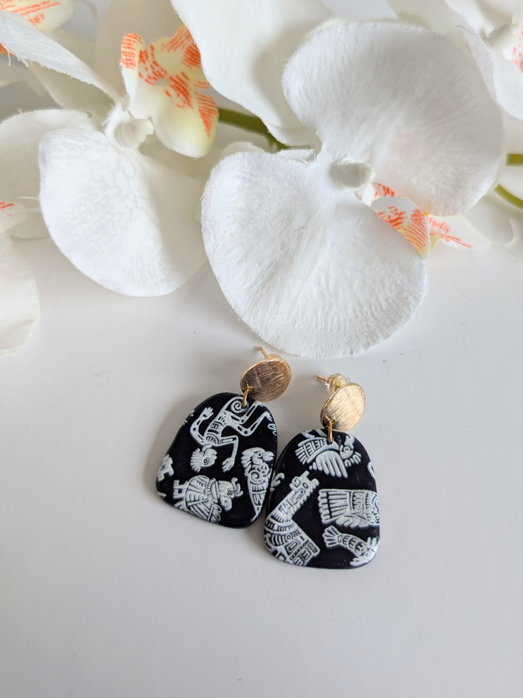Polymer Clay Earrings | Blueberry Blue & Pre-Columbian Motifs | 18K Gold-Plated Studs | Lightweight Handmade Jewelry | Gift for Her