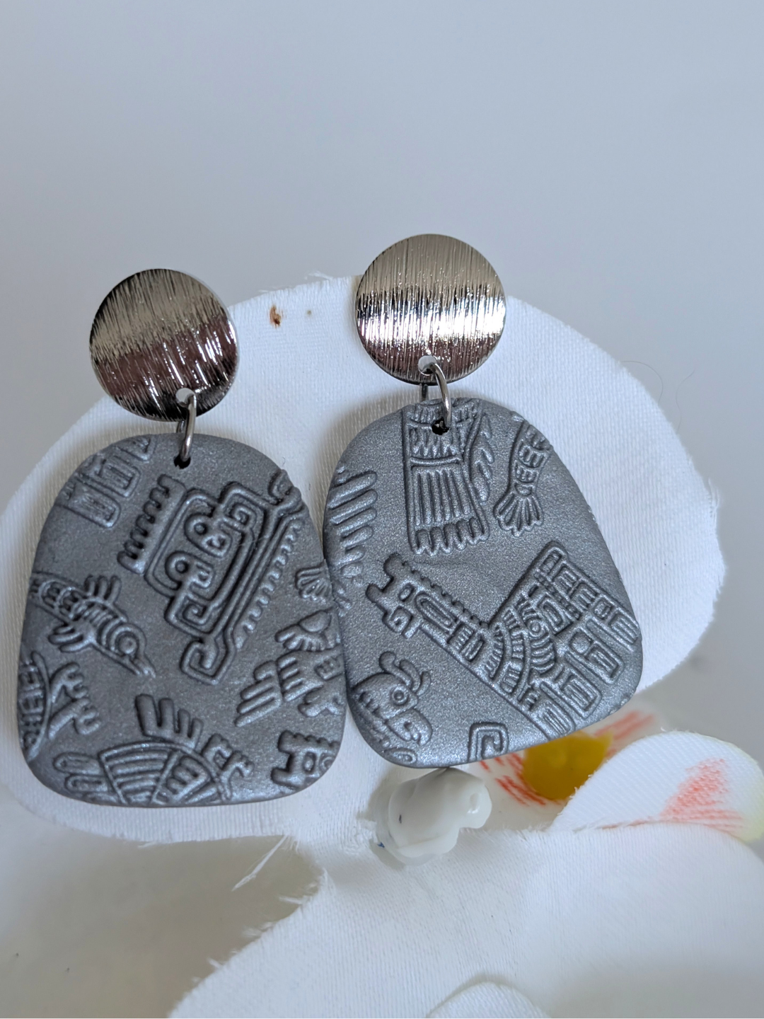 Pre-Columbian Relief Polymer Clay Earrings | Gold or Silver Boho Statement Earrings | Hypoallergenic