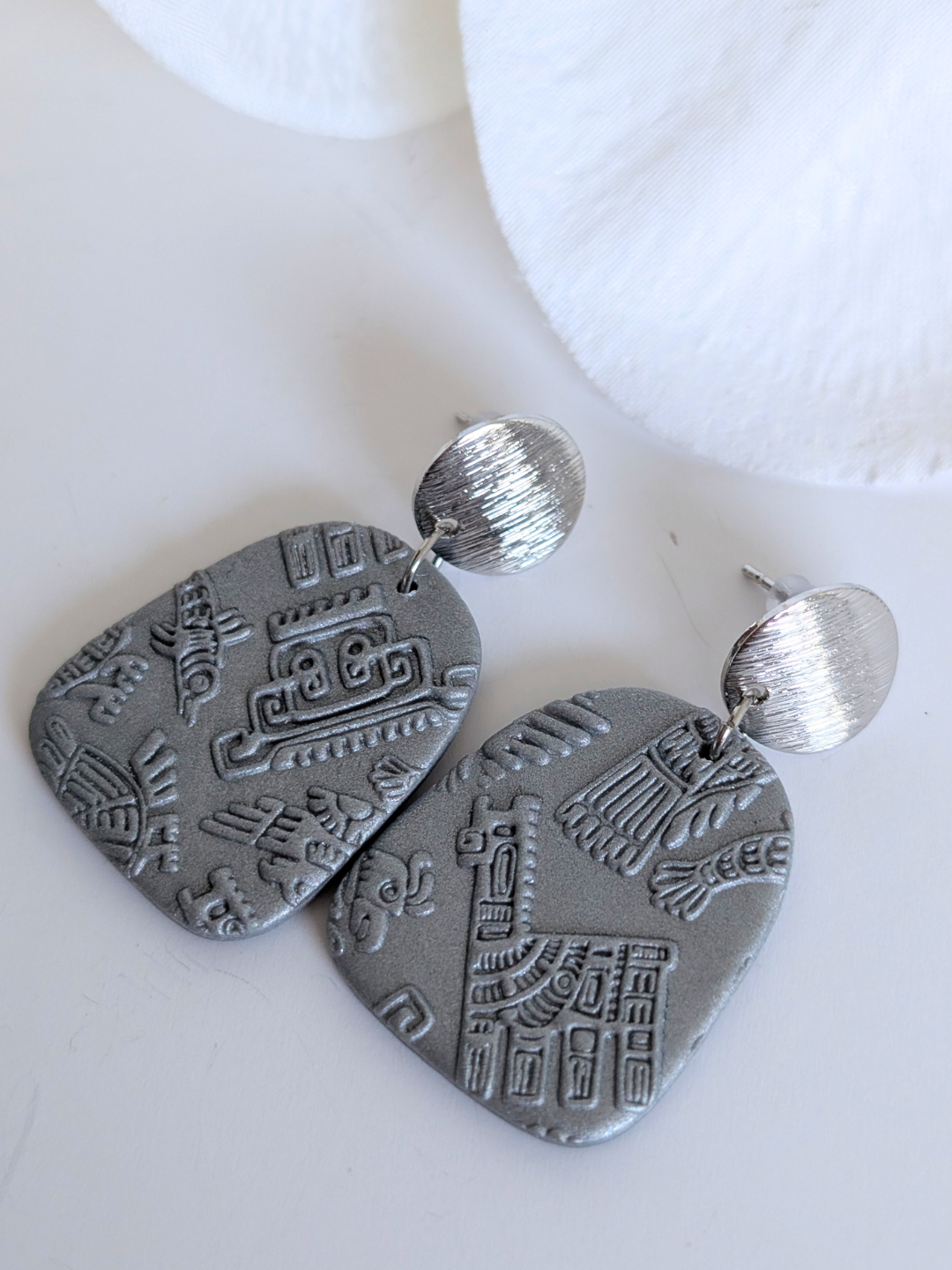 Pre-Columbian Relief Polymer Clay Earrings | Gold or Silver Boho Statement Earrings | Hypoallergenic