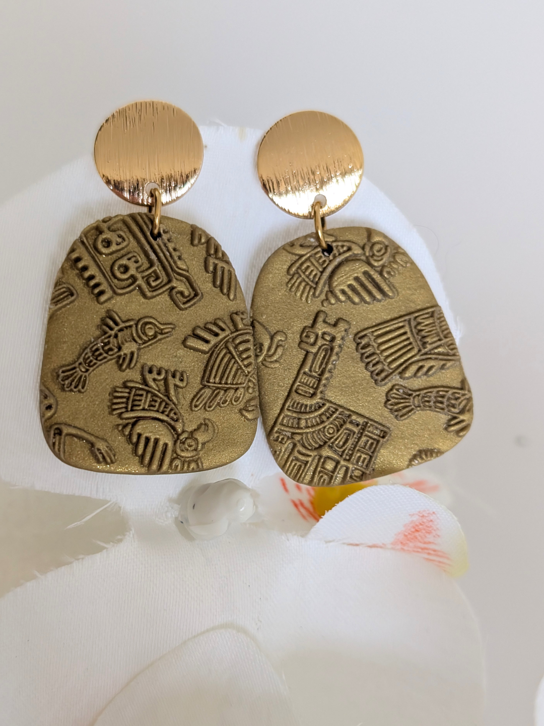 Pre-Columbian Relief Polymer Clay Earrings | Gold or Silver Boho Statement Earrings | Hypoallergenic