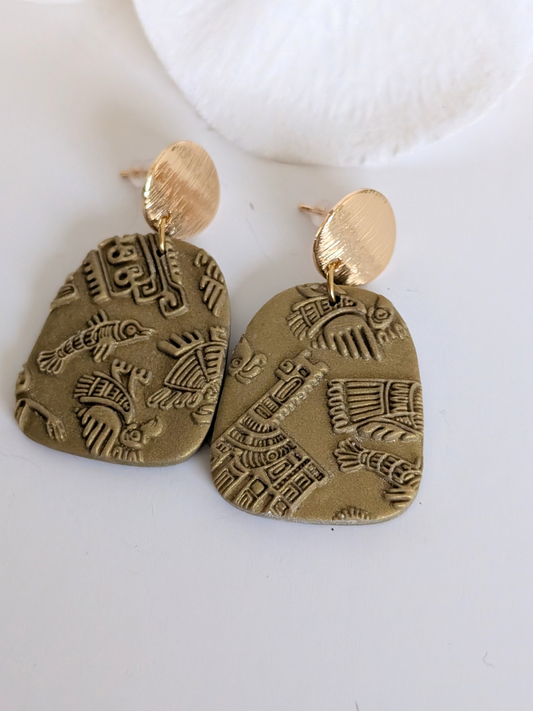 Pre-Columbian Relief Polymer Clay Earrings | Gold or Silver Boho Statement Earrings | Hypoallergenic