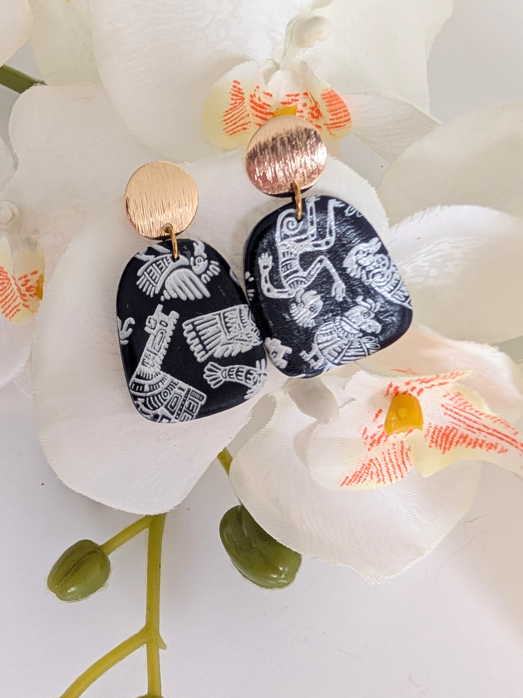 Polymer Clay Earrings | Blueberry Blue & Pre-Columbian Motifs | 18K Gold-Plated Studs | Lightweight Handmade Jewelry | Gift for Her