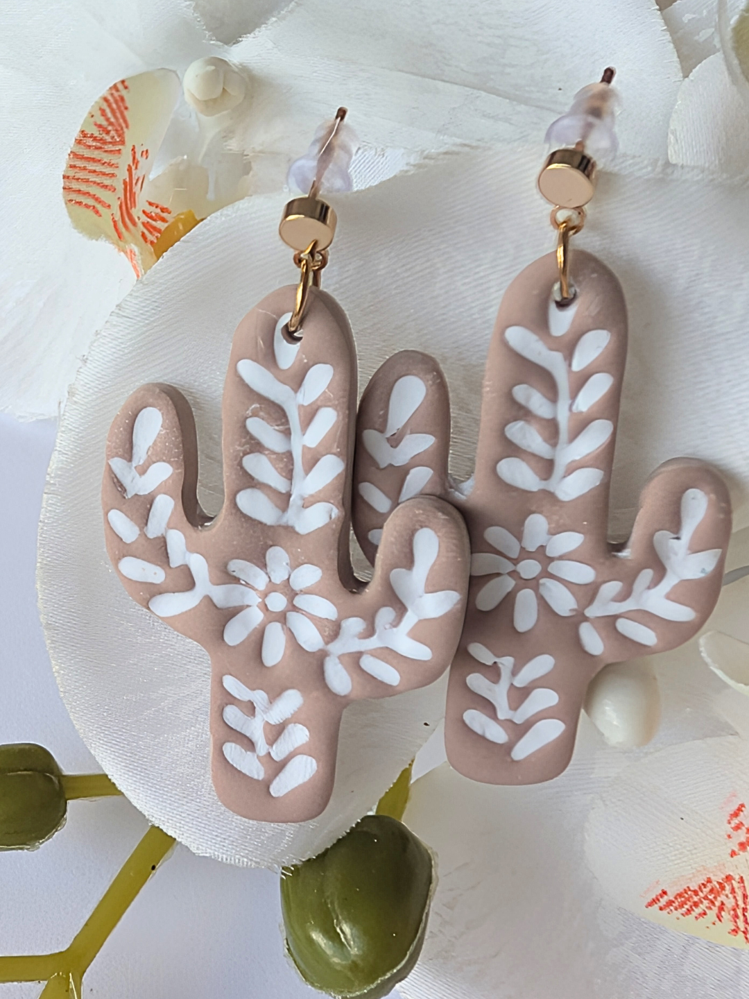 Cactus Dangle Earrings "Talavera" – Polymer Clay, Brass & Surgical Steel –Gold plated -  Terracotta or rosewood