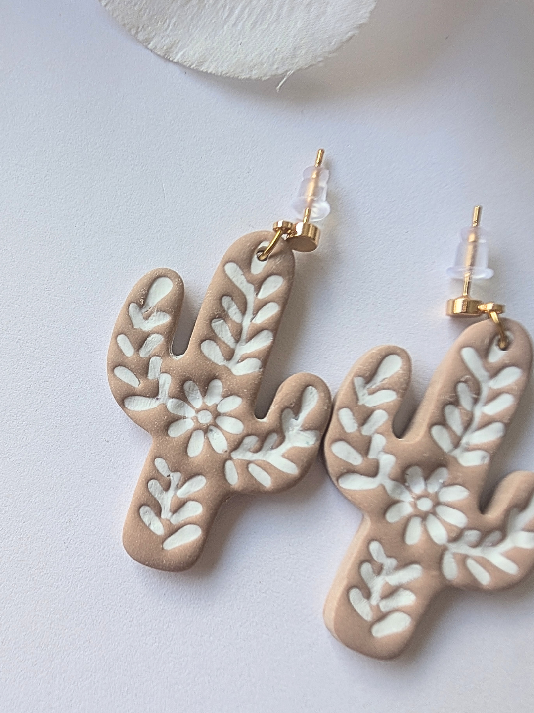 Cactus Dangle Earrings "Talavera" – Polymer Clay, Brass & Surgical Steel –Gold plated -  Terracotta or rosewood