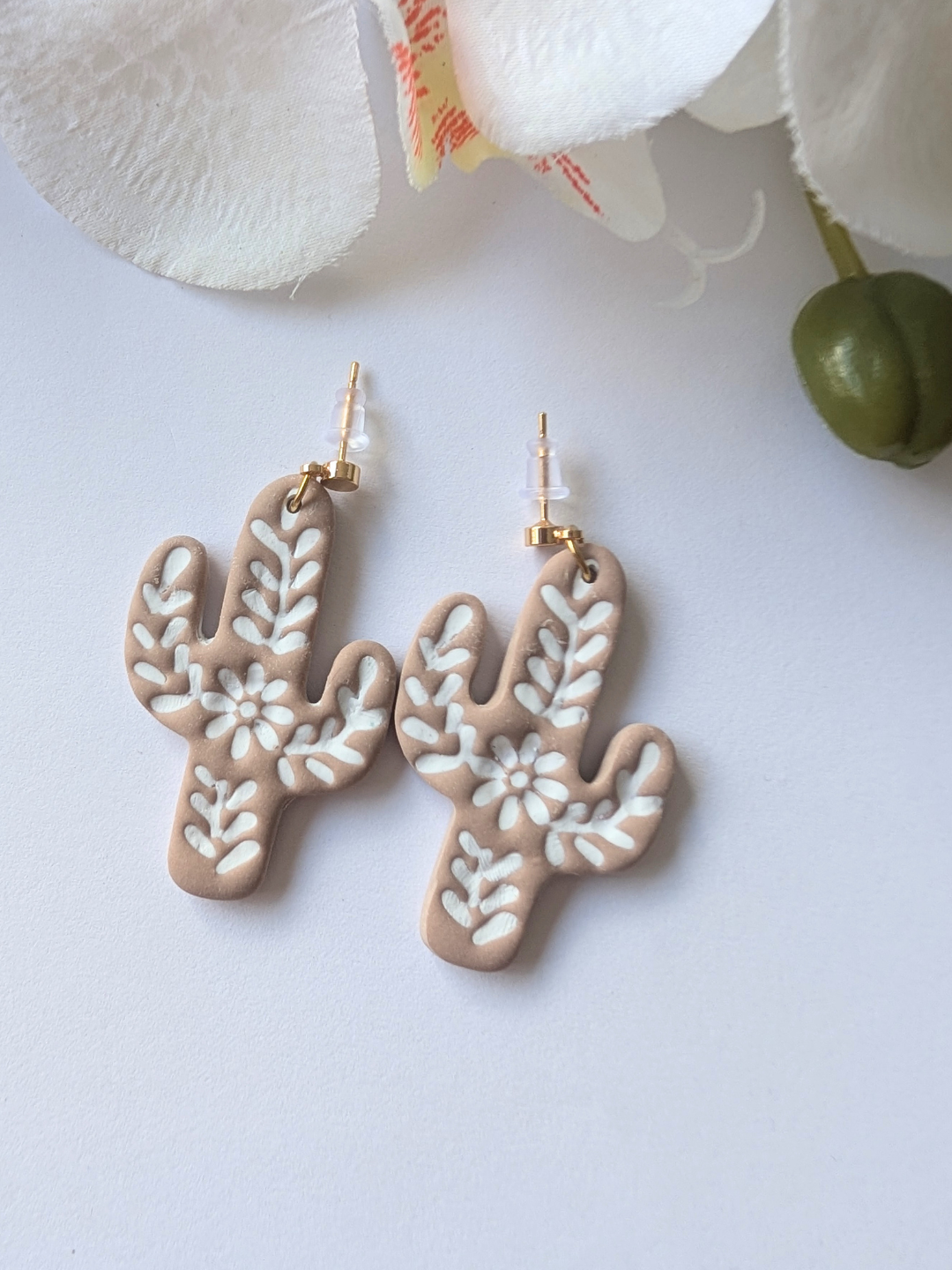 Cactus Dangle Earrings "Talavera" – Polymer Clay, Brass & Surgical Steel –Gold plated -  Terracotta or rosewood
